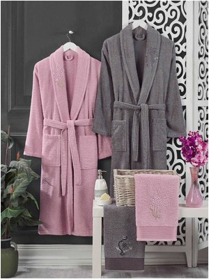 Rubby Avm 4 Parça Aile Bornoz Seti Kadın Erkek Havlulu Bornoz Takımı 100 Pembe Gri