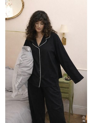 Kadın Viskon - Yumuşak Dokulu Düğmeli Biyeli Bol Paça Pijama Takımı