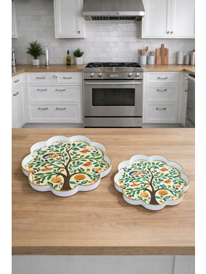 Zucci Home Akdeniz Esintisi 2'li Dekoratif Papatya Sunum Tepsisi | Daisy Tree  | Şık Servis Tepsisi - 36X36/28X28 cm