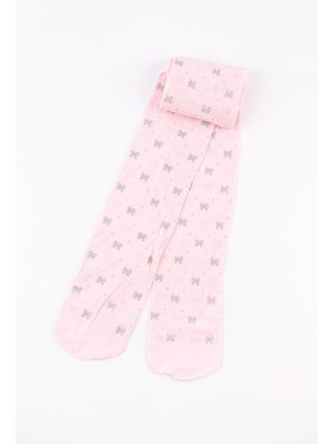 Pembe  Simli Fiyonk Detaylı Kız Çocuk Muz Külotlu Çorap