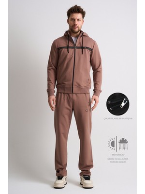 Vizon Klasik Erkek Eşofman Takımı Çıkartılabilir Kapüşonlu Rahat Kalıp 3xl