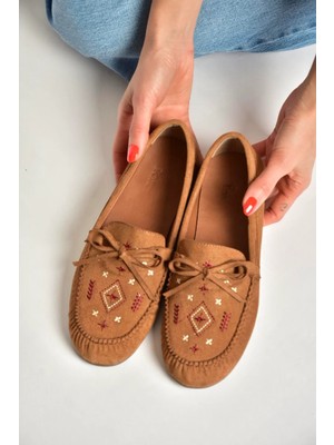 Fox Shoes Y996073102 Taba Süet Renkli Motif Işlemeli Kadın Babet