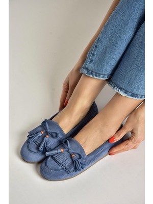 Fox Shoes Y996271002 Mavi Süet Püskül Detaylı Kadın Babet
