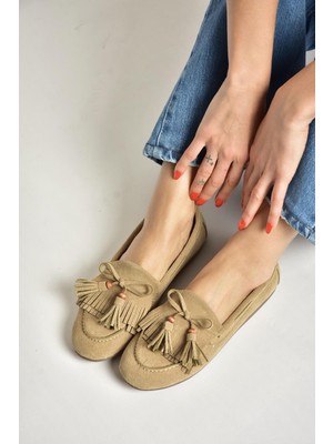 Fox Shoes Y996271002 Bej Süet Püskül Detaylı Kadın Babet