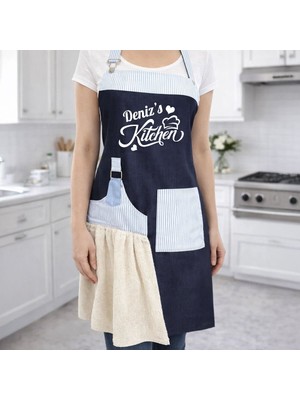 Bk Gift Kişiye Özel Isimli Pamuk Denim Havlu Detaylı Mutfak Önlüğü -2, Aşçı ve Şef Önlüğü, Anneye Hediye
