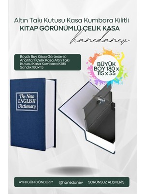 Hanedanev Büyük Boy Kitap Görünümlü Anahtarlı Çelik Kasa Altın Takı Kutusu Kasa Kumbara Kilitli Sandık 180X115