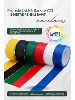 Hanedanev 10 Adet Renkli 5 Metre Pvc Elektrik Izolasyon Bandı Izole Bant - 5 Renk 6 Yds