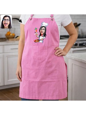 Bk Gift Kişiye Özel Karikatürlü Pembe Mutfak Önlüğü -3, Aşçı ve Şef Önlüğü, Ev Hediyesi