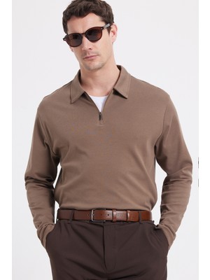 Tudors Erkek Relax Fit Rahat Kesim %100 Pamuk Yarım Fermuarlı Polo Yaka Interlok Koyu Vizon Sweatshirt