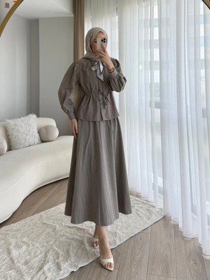 Miraydin Butik Belden Sıkmalı Gömlekli Etekli Takım M25153 - Vizon