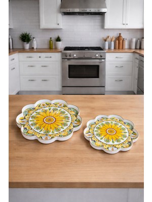 Zucci Home Akdeniz Esintisi 2'li Dekoratif Papatya Sunum Tepsisi | Daisy Siciliano | Şık Servis Tepsisi - 36X36/28X28 cm