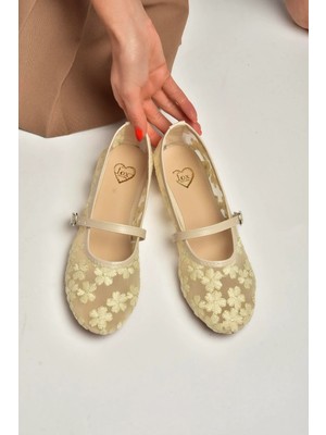 Fox Shoes Y726711415 Bej File Çiçek Motif Işlemeli Kadın Babet