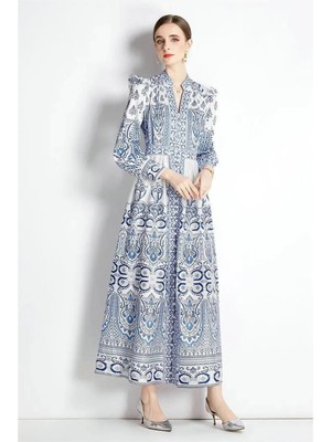 Hiccup Kadın Msn Paisley Desenli Düğmeli Maxi Elbise Bebek Mavisi