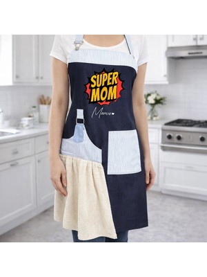 Bk Gift Kişiye Özel Anneler Günü Tasarımlı Pamuk Denim Havlu Detaylı Mutfak Önlüğü -3, Anneye Hediye, Anneler Günü Hediyesi