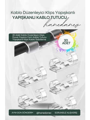 Hanedanev 20 Adet Kablo Düzenleyici Klips Duvar Fayans Cam Kablo Tutucu Yapışkanlı Klips Kablo Sabitleme