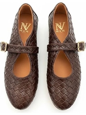 Ne&Ve Shoes Hakiki Deri Örgü Detaylı Tokalı Kaddın Yuvarlak Burun Babet