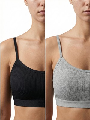 Underwear Bodyway 2'li Paket Esnek Fitilli Ribana Crop Atlet - Pamuklu Dokulu Büstiyer Set - Uyku Sütyeni