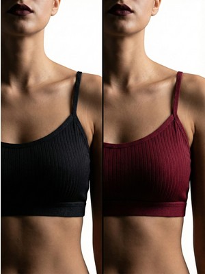 Underwear Bodyway 2'li Paket Esnek Fitilli Ribana Crop Atlet - Pamuklu Dokulu Büstiyer Set - Uyku Sütyeni