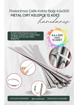 Hanedanev 12 Adet Metal Paslanmaz Cırt Kelepçe 4.6X300 mm Çelik Kablo Zip Bağı Çok Amaçlı Metal Bağlama