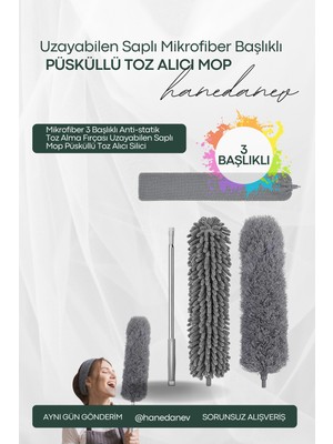 Hanedanev Mikrofiber 3 Başlıklı Anti-Statik Toz Alma Fırçası Uzayabilen Saplı Mop Püsküllü Toz Alıcı Silici