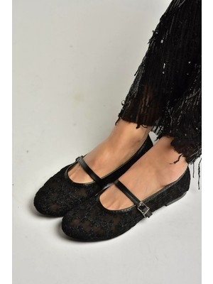 Fox Shoes Y726711415 Siyah File Çiçek Motif Işlemeli Kadın Babet