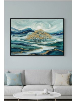 Safir Design Altın Yaldızlı Ağaç Detaylı Turkuaz Manzara Temalı Çerçeveli Tablo