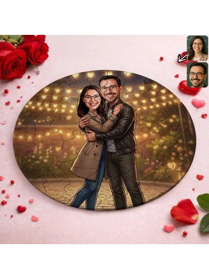 Bk Gift Kişiye Özel Sevgili Karikatürlü Yuvarlak Puzzle 20X20CM -2, Sevgililer Günü Hediyesi, Sevgiliye Hediye