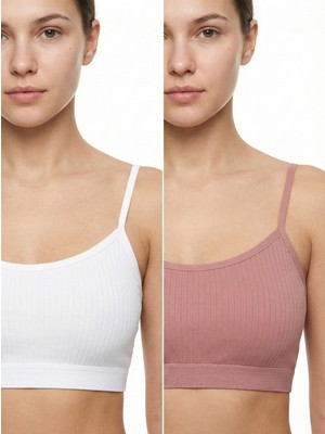 Underwear Bodyway 2'li Paket Esnek Fitilli Ribana Crop Atlet - Pamuklu Dokulu Büstiyer Set - Uyku Sütyeni