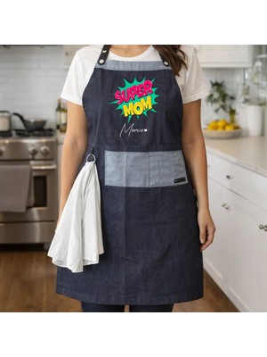 Bk Gift Kişiye Özel Anneler Günü Tasarımlı Pamuk Denim Havlu Detaylı Mutfak Önlüğü -2, Aşçı ve Şef Önlüğü, Ev Hediyesi