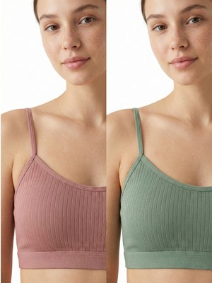 Underwear Bodyway 2'li Paket Esnek Fitilli Ribana Crop Atlet - Pamuklu Dokulu Büstiyer Set - Uyku Sütyeni