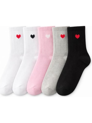 Solde 5 Çift Kız Çocuk Pamuklu Günlük Çorap – Kalpli Desen, Renkli Kombin, Kaliteli