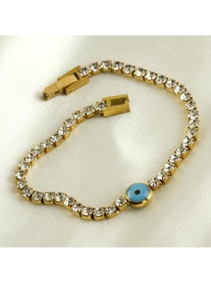 SiHako Nazar Figürlü Zirkon Taşlı Lüx Çelik Bileklik