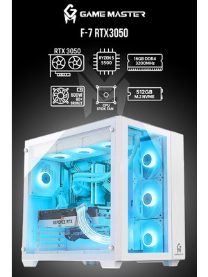 GM Game Master F7 RTX3050 Ryzen 5 5500 Cpu 16GB Ram 512GB Nvme SSD Beyaz Akvaryum Gaming Pc