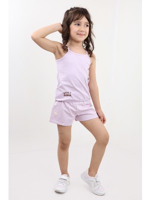 Toontoy Kız Bebek 2'li Takım Baskılı Kare Yaka T-Shirt & Beli Lastikli Şort - Garni Detaylı