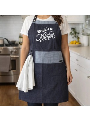 Bk Gift Kişiye Özel Isimli Pamuk Denim Havlu Detaylı Mutfak Önlüğü -2, Aşçı ve Şef Önlüğü, Ev Hediyesi