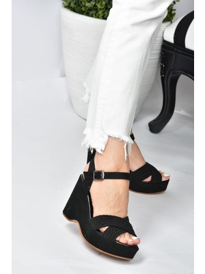 Fox Shoes Siyah Süet Kadın Dolgu Topuklu Ayakkabı K250909002