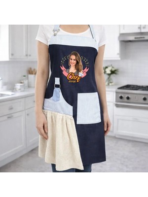 Bk Gift Kişiye Özel Fotoğraflı Pamuk Denim Havlu Detaylı Mutfak Önlüğü -1, Anneye Hediye, Anneler Günü Hediyesi