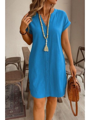 Modatıkla Kadın Kısa Kollu Önden Düğmeli Ithal Keten Elbise