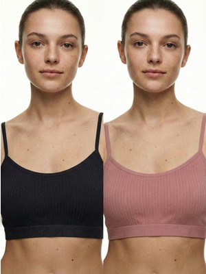 Underwear Bodyway 2'li Paket Esnek Fitilli Ribana Crop Atlet - Pamuklu Dokulu Büstiyer Set - Uyku Sütyeni