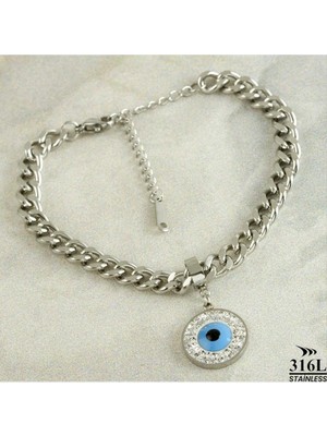 SiHako Nazar Zirkon Taşlı Lüks Çelik Bileklik