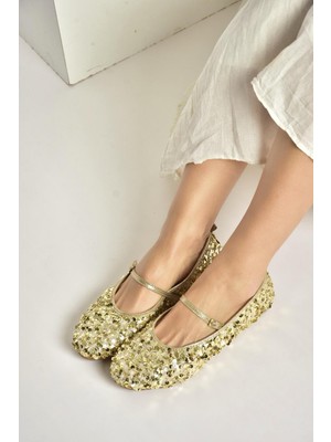 Fox Shoes Y250322040 Altın Kumaş Pullu Kadın Babet
