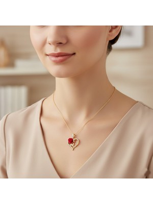 Pigado Sevgililer Günü Özel 925 Ayar Gümüş Zirkon Taşlı Kalpli Gül Kolye