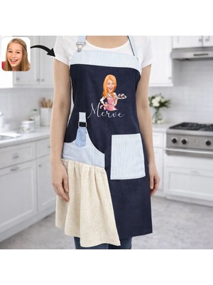 Bk Gift Kişiye Özel Karikatürlü Pamuk Denim Havlu Detaylı Mutfak Önlüğü -5, Aşçı ve Şef Önlüğü, Anneye Hediye
