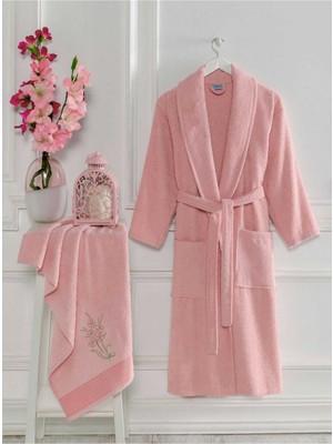 Rubby Avm Kadın Havlulu Banyo Bornoz Takımı %100 Pamuklu Pembe