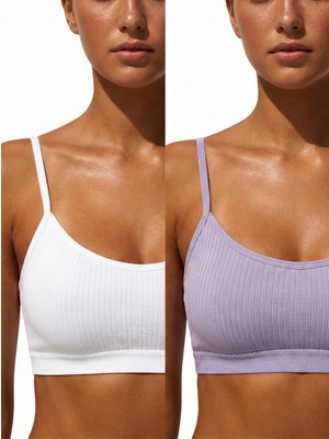 Underwear Bodyway 2'li Paket Esnek Fitilli Ribana Crop Atlet - Pamuklu Dokulu Büstiyer Set - Uyku Sütyeni