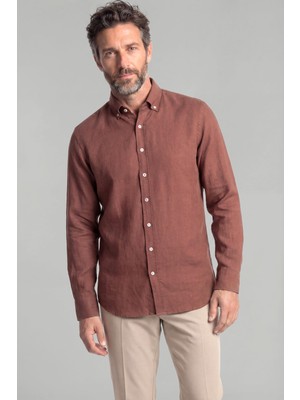 Bisse Regular Fit Paşa Yaka Cepsiz Sedef Düğmeli Kahve Erkek Gömlek GMKTN250011_D11