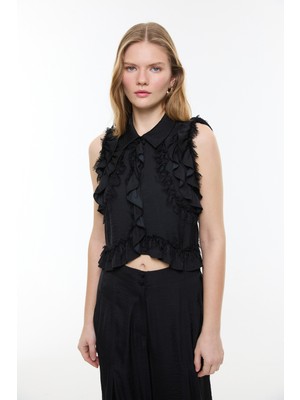 ROMAN Dantel ve Volan Detaylı Kolsuz Gömlek Siyah YY013511_001