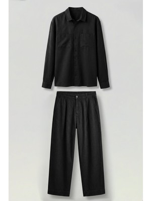Abluka Online Erkek Bol Kesim Gömlek Pantolon Keten Ikili Takım Siyah