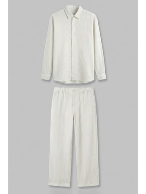 Abluka Online Erkek Baggy Çizgili %100 Pamuk Gömlek Pantolon Ikili Takım Beyaz