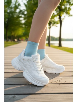 Enoch Kadın Beyaz Kalın Tabanlı Spor Ayakkabı File ve Suni Deri Detaylı Hafif Comfort Koşu ve Yürüyüş Sneaker